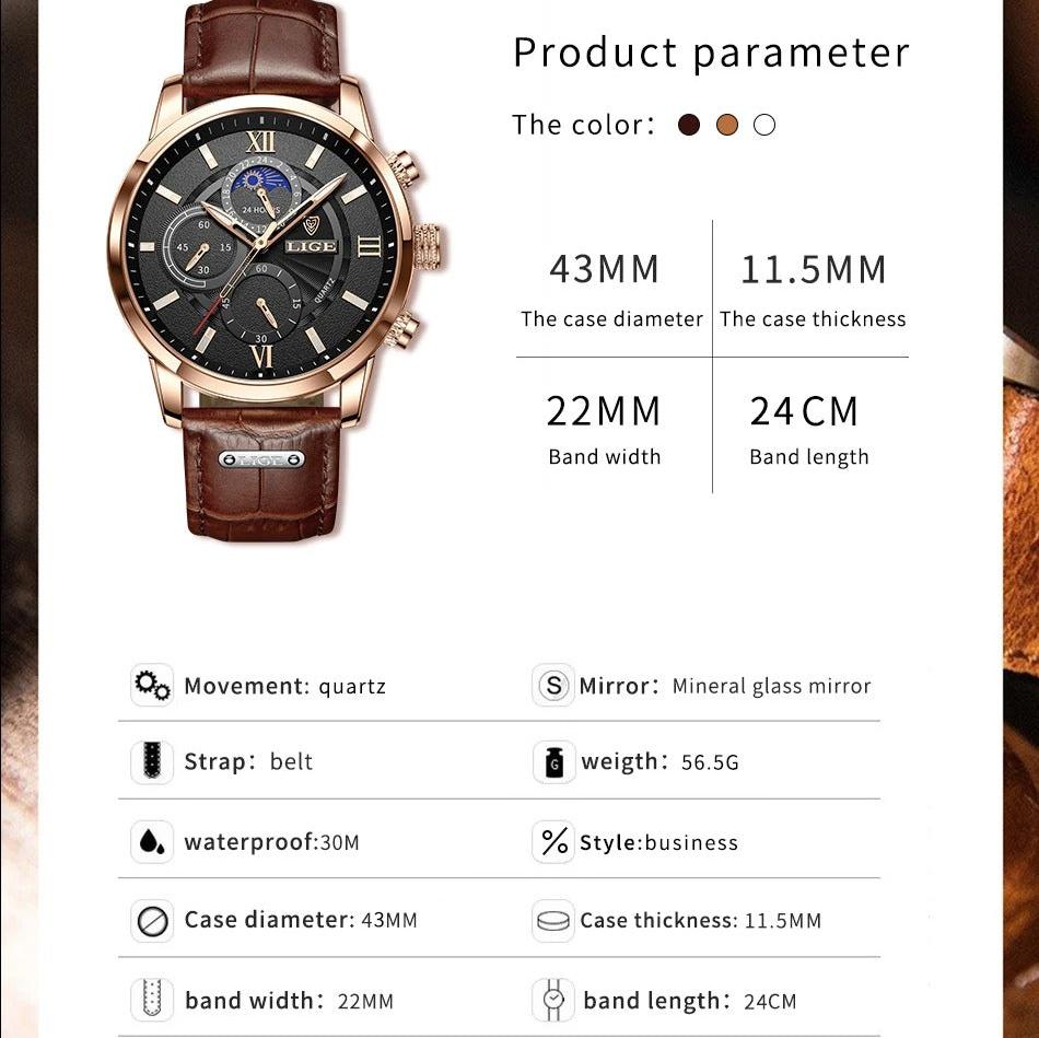Montre à quartz décontractée en cuir marron (Niger)
