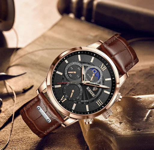 Montre à quartz décontractée en cuir marron (Benin)