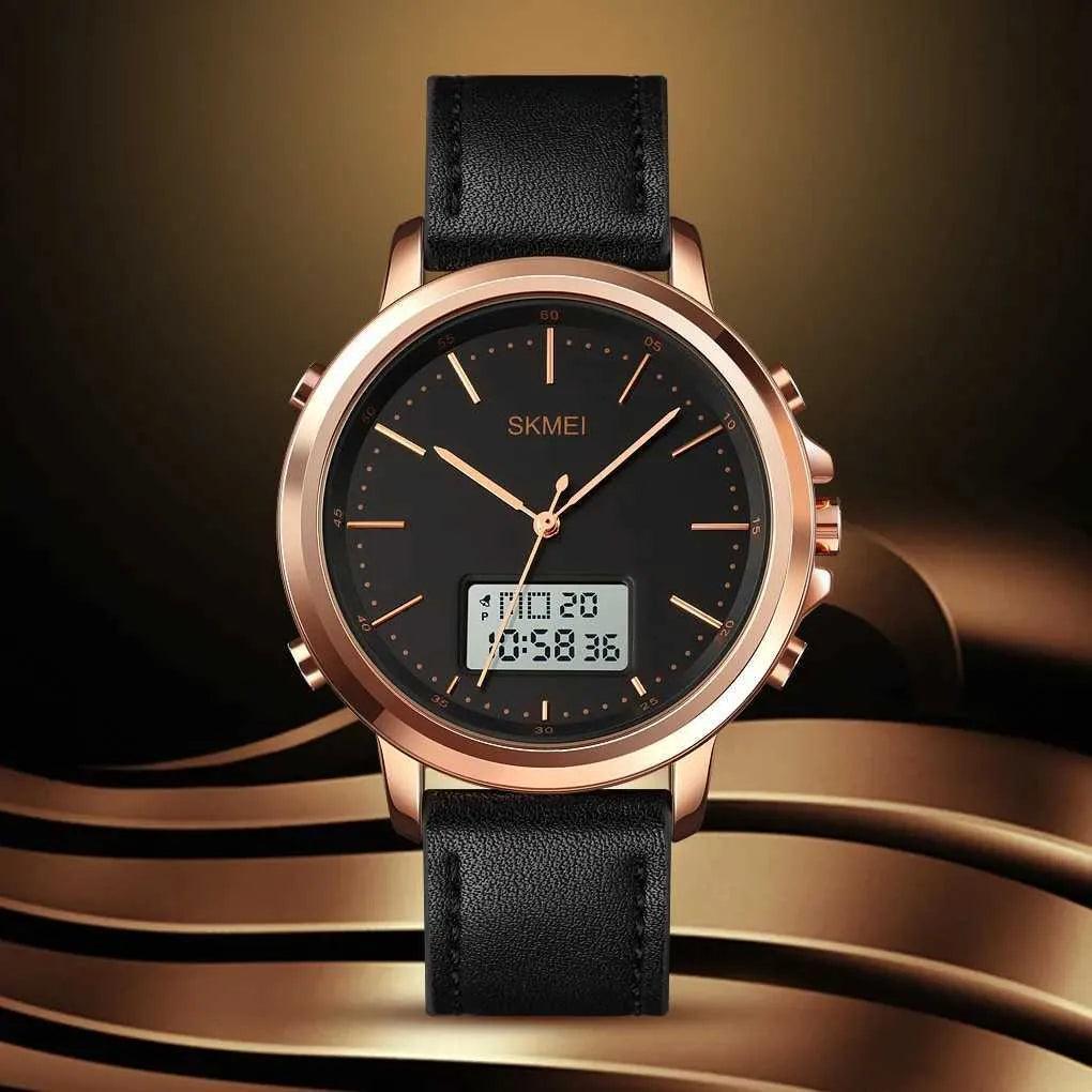 Montre MAB Double Time - Deux Fuseaux Horaires - Cadran Double - Bracelet Cuir Marron - Boîtier Argent - Neuf Avec étiquettes