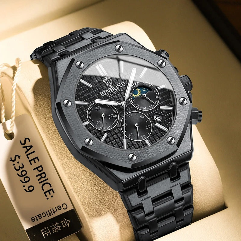 Montre à quartz en acier noir pour homme (Chad)