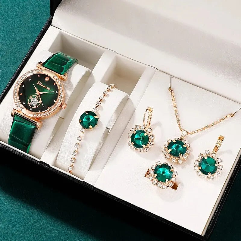 Ensemble de 6 pièces de montre à quartz verte de luxe pour femme (Mali)
